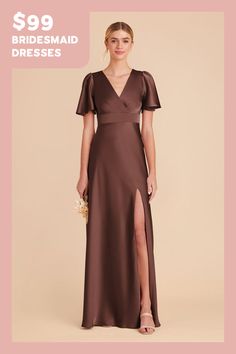 the bridesmaid dress is $ 99 and it has a slit down side that leads to an asymmetrical v - neckline