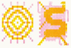 an orange and pink pattern on a white background with the letter s in it's center