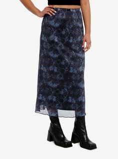 Look as radiant as the sun with this midi skirt to finish off your fit! It features a black main body with a mesh top layer with a dark tie-dye pattern full of swirling suns and black suns.95% polyester; 5% elastaneWash cold; dry lowLength: 35"Stretchy materialImportedListed in junior sizesModel is 5'9"Model wears size Small Cosmic Aura, Midi Skirt Plus Size, Mesh Top Layering, Early Fall Fashion, Dark Skirts, Mesh Midi Skirt, Mesh Maxi Skirt, Skirt Aesthetic, Midi Skirt Outfit