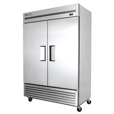 a stainless steel refrigerator with two doors on wheels