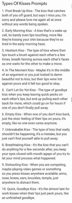 an image of a page with text on it that says, types of kisses proms