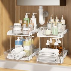 a bathroom shelf with soaps, lotions and hand sanitizers on it