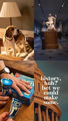 a collage of photos with dogs and people in the background, including an advertisement for pepsi