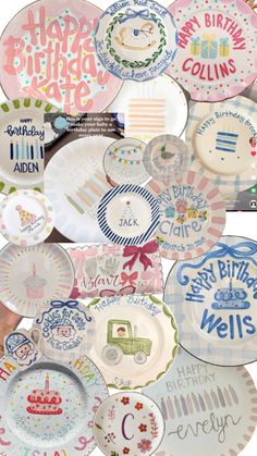 many plates with different designs on them and the words happy birthday written in each plate