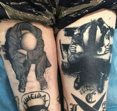 two legs with different tattoos on them