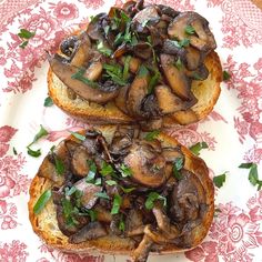 two pieces of bread topped with mushrooms on a red and white tablecloth covered plate