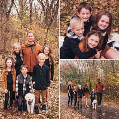 a collage of family photos in the woods with their dogs and children posing for pictures