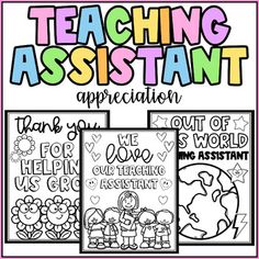 teaching assistant appreciation cards with the teacher's name and pictures in pink, green, blue