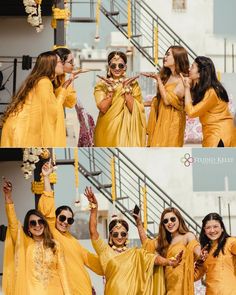 two women in yellow dresses are posing for pictures with one woman wearing sunglasses and the other is holding her hands up