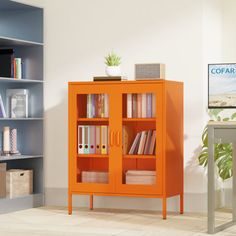 an orange bookcase in the corner of a room