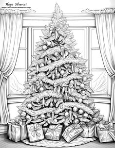 a black and white drawing of a christmas tree in front of a window with presents under it