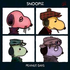 four cartoon dogs wearing hats and scarfs with the caption snoopz peanut days