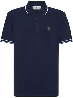 navy/white cotton logo patch at the chest contrasting border polo collar front button placket short sleeves straight hem Designer Cotton Polo Shirt With Short Sleeves, Cotton Polo Shirt With Logo Patch, Designer Cotton Polo Shirt, Classic Polo Shirt With Logo Detail, Casual Navy Polo Shirt With Embroidered Logo, Classic Navy Polo Shirt With Placket, Classic Collared Polo Shirt With Logo Detail, Classic Navy Polo Shirt With Placket Detail, Classic Navy Polo Shirt