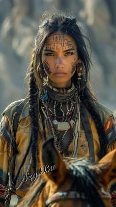 a native american woman riding on the back of a horse