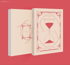 an open book with a drawing of a hourglass on the front and back cover