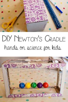 an open box that has some balls in it and the words diy newton's grade hand on science for kids