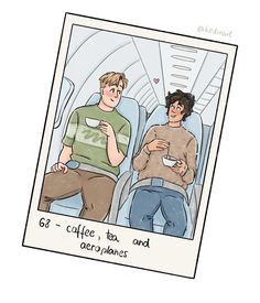 two people sitting on an airplane with coffee and tea in their hands, one is holding a paper cup