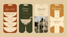 four wine bottle tags with different types of labels on them, all in gold and green