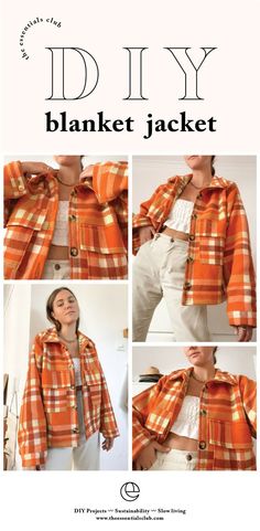 a woman wearing an orange plaid jacket and white pants, with the words diy written in