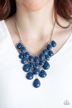 Tinted in the classic rich hue of Evening Blue, polished blue teardrops gradually increase in size as they trickle along rows of interconnected mesh chain. The robust beads drip into a tapered shape, creating a dramatic fringe below the collar. Features an adjustable clasp closure. Sold as one individual necklace. Includes one pair of matching earrings. P2ST-BLXX-082XX Teardrop Beads, Paparazzi Accessories, Teardrop Necklace, Glitz And Glam, Affordable Jewelry, Blue Necklace, Paparazzi Jewelry, Silver Chain Necklace, Necklace Earring Set