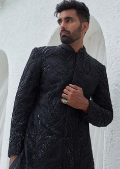 Embroidered sherwani angrakha set. Black Angrakha, Matching Lehenga, Black Sherwani, Mahima Mahajan, Kurta And Pants, Embroidered Sherwani, Vacuum Storage, Indian Wedding Wear, Vogue India