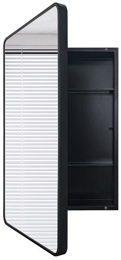 an empty black and white cabinet with the door open