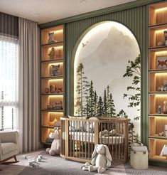 a baby's room decorated in green and white with an arched window, bookshelf filled with stuffed animals and toys