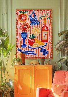 an orange chair sits in front of a painting on the wall next to a potted plant