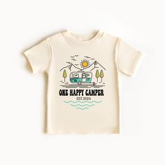 One Happy Camper T-Shirt, Camping 1st Birthday Outfit, One Happy Camper Matching Family Tees, First Birthday Shirt, Camp Mommy And Me Shirts ------ CHOOSE YOUR SHIRT COLOR, SIZE, AND QUANTITY. ------ 1. Select the shirt size 2. Select the shirt color 3. Select your text choice and text color in the personalization box. 4. Click "add to cart" and then return to the listing for each family member. 5. Add a note to the seller when checking out with any special requests Sizing Chart Use the sizing c Fun Short Sleeve Tops For Outdoor Activities, Family Matching Crew Neck T-shirt For Outdoor Activities, Family Matching Outdoor Letter Print T-shirt, Family Matching Outdoor T-shirt With Letter Print, Family Matching Letter Print T-shirt, Custom Print T-shirt For Summer Outdoor Activities, One Happy Camper Pictures, One Happy Camper Shirt, Camping Birthday Shirt