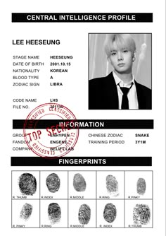 the identification card for lee heeng's birth is shown in black and white