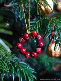 a christmas ornament hanging from a tree with red berries on it's branches