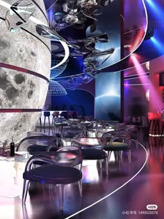 an empty restaurant with tables and chairs in front of the moon