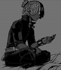 a black and white drawing of a person sitting on the ground holding a cell phone