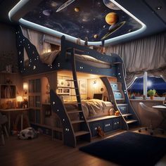 a child's bedroom with a space themed bunk bed