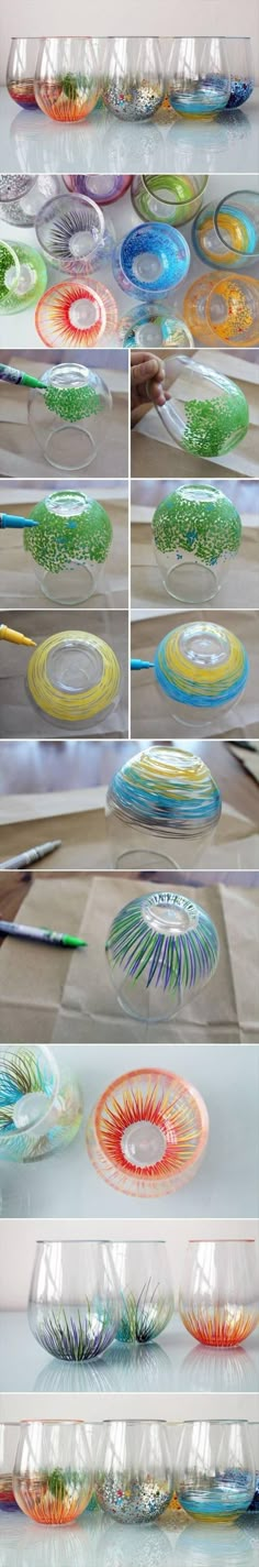 several pictures of different colored glass plates and spoons on a table with paintbrushes