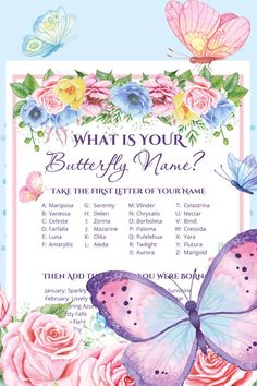 a pink and blue butterfly with flowers on it's back, which reads what is your butterfly name?