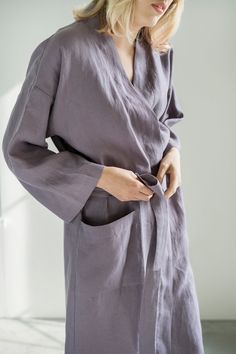 "Every morning, when we get out of bed, we look for a bathrobe, which warms us up and pleasantly embraces us, and in the evenings it wraps around us after a shower or sauna. The \"LinenRain\" bathrobe is made of smooth and soft linen material, which is pleasant to the touch and non-allergenic. In the morning, look for a linen bathrobe and enjoy a cup of coffee or tea and feel how cozy and warm You are. A wide choice of colors will allow You to choose a dream bathrobe. You can buy this natural li Linen Bathrobe, Linen Robe, Get Out Of Bed, Linen Material, European Linens, Womens Robes, Fabric Samples, Natural Linen, Dusty Pink