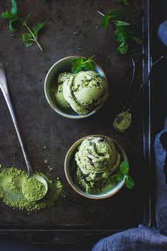 two bowls filled with green tea ice cream