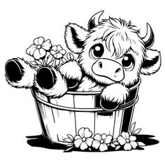 a cartoon cow sitting in a bucket filled with flowers