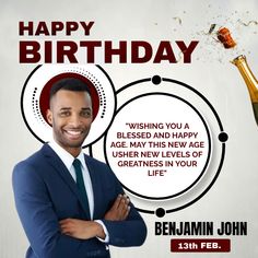 a man in a suit and tie with his arms crossed next to a bottle of champagne