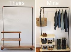 there are two shelves with shoes on them and one has a coat rack in the middle