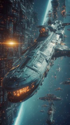 an image of a sci - fi space station in the middle of the night with lights on