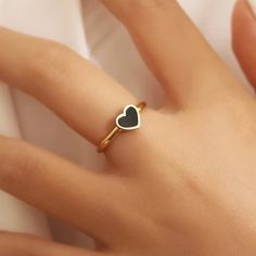 New Gold Plated Stainless Steel Black Heart Ring Black Heart Ring, Ring Heart Shape, Gold Heart Ring, Ring Heart, Trendy Ring, 6 Rings, Ring Color, Black Colour, Black Heart