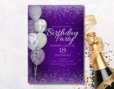 a purple and silver birthday party card with balloons, confetti and a bottle of champagne