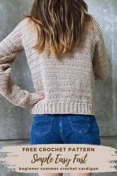 a woman with her back to the camera wearing a crochet sweater