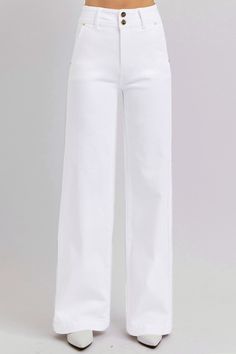 These wide leg jeans have a flattering fit and stylish design. With a high-rise waist and double button closure, they provide great support and shaping. The relaxed wide leg cut creates a chic silhouette, perfect for casual or dressy occasions when paired with a fitted top or blouse. Features: Pocketed Stretch: Slightly stretchy Material composition: 92% cotton, 6% polyester, 2% spandex Care instructions: Machine wash cold. Tumble dry low. Imported Size Waist Hip Inseam Rise 0(24) 24 30 32.5 11 1(25) 25 31 32.5 11 3(26) 26 32 32.5 11 5(27) 27 33 32.5 12 7(28) 28 34 32.5 12 9(29) 29 35 32.5 12 11(30) 30 36 32.5 13 13(31) 31 37 32.5 13 15(32) 32 38 32.5 13 1XL 34 39 32.5 14 2XL 36 41 32.5 14 3XL 38 43 32.5 14 White Denim Pants, White Wide Leg Jeans, Activewear Sets, Fitted Top, Wide Leg Denim, White Pants, Dream Wardrobe, Christmas List, Wide Leg Jeans