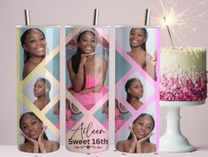 three personalized can coolers with sparklers on them and two women in pink dresses