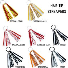 Our sports print hair tie streamers are perfect for athletes and fans alike! Our ribbon ponytail holders will be a great addition to your uniform or fan gear. They are comfortable, lightweight, and look amazing on the field or court. These would make a perfect gift. Give them a try and see how much you and your friends love them! COMFORTABLE: Our hair tie streamers have Grosgrain ribbon that is about 6.5 inches in length and a rubber 4mm pony 0 that is 2x2 inches. The ribbon is 100% Polyester an Ponytail Streamers Diy, Hair Tie Ribbon, Scarlet Hair, Cheer Camp Gifts, Sports Hair Bows, Camp Gifts, Softball Hair Bows, Easy Hair Bows, Hair Streamer