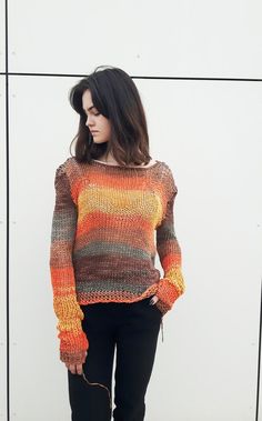 Vegan women's pullover, Long sleeve, Light  shades  sweater, Vegan fine sweater,  Off shoulder sweat Brown Chunky Knit Cotton Sweater, Orange Long Sleeve Knit Sweater, Pull Orange, Sweater Off Shoulder, Orange And Chocolate, Womens Sweaters, Off Shoulder Sweater, Cotton Pullover, Cool Hats