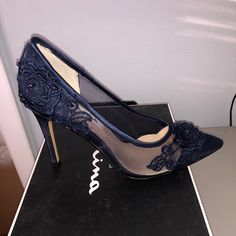 Beautiful Nina Navy Blue Satin And Mesh Pump With Flower And Bead Detail. Brand New Never Worn With Original Box. Leather Sole. Heel Measures 4 Inches. Pet And Smoke Free Home. Navy Blue Sandals Heels, Embellished Lace Heels For Party, Lace Embellished Heels For Party, Blue Embellished Heels For Special Events, Chic Blue Heels For Prom, Blue Embellished Heels With Pointed Toe, Elegant Blue Synthetic Heels, Elegant Blue Heels For Night Out, Black Dress High Heels